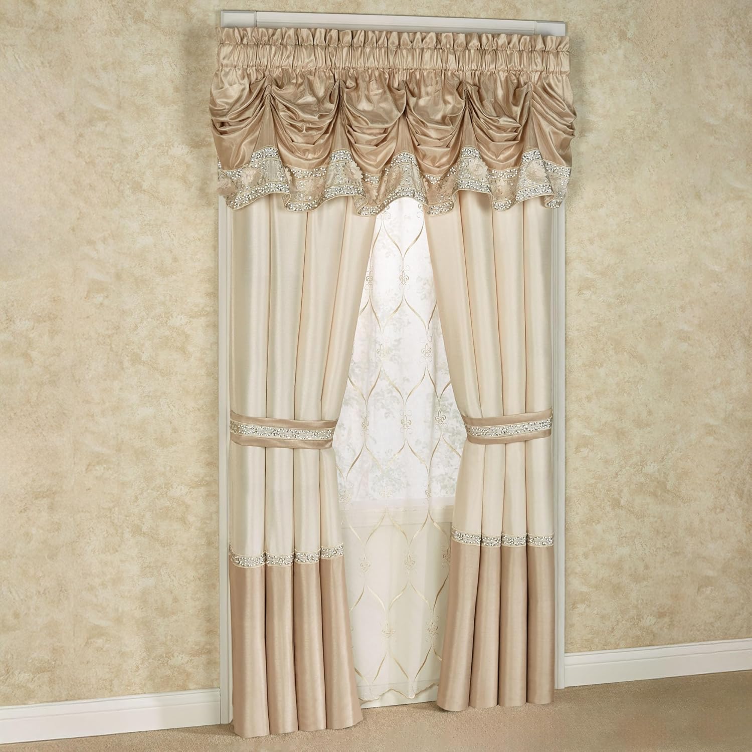 Luxury Elegante Sophisticated Polyester Faux Silk Window Treatment | Light Cream Ivory Metallic Gold | Shimmering Sequins Embroidery Floral | 2 Piece Set with Tuck Valance and 96L Curtain Pair