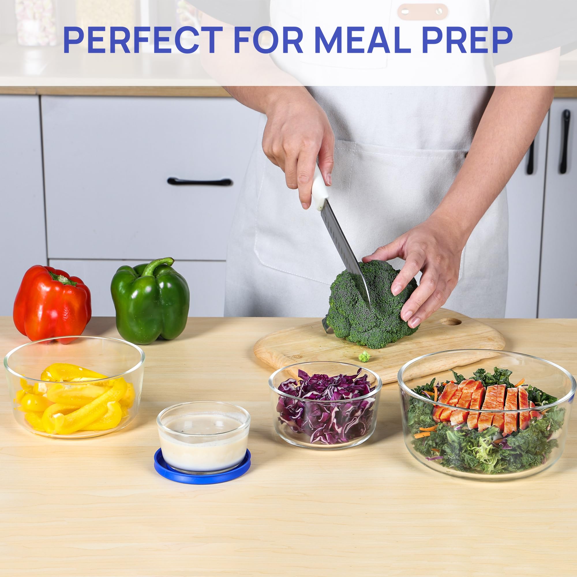 Paquete de 4 cuencos de vidrio con tapas (1, 2, 4, 7 tazas), recipientes de almacenamiento de alimentos, preparación de comidas y sobras, contenedor de almuerzo, apto para microondas, 4