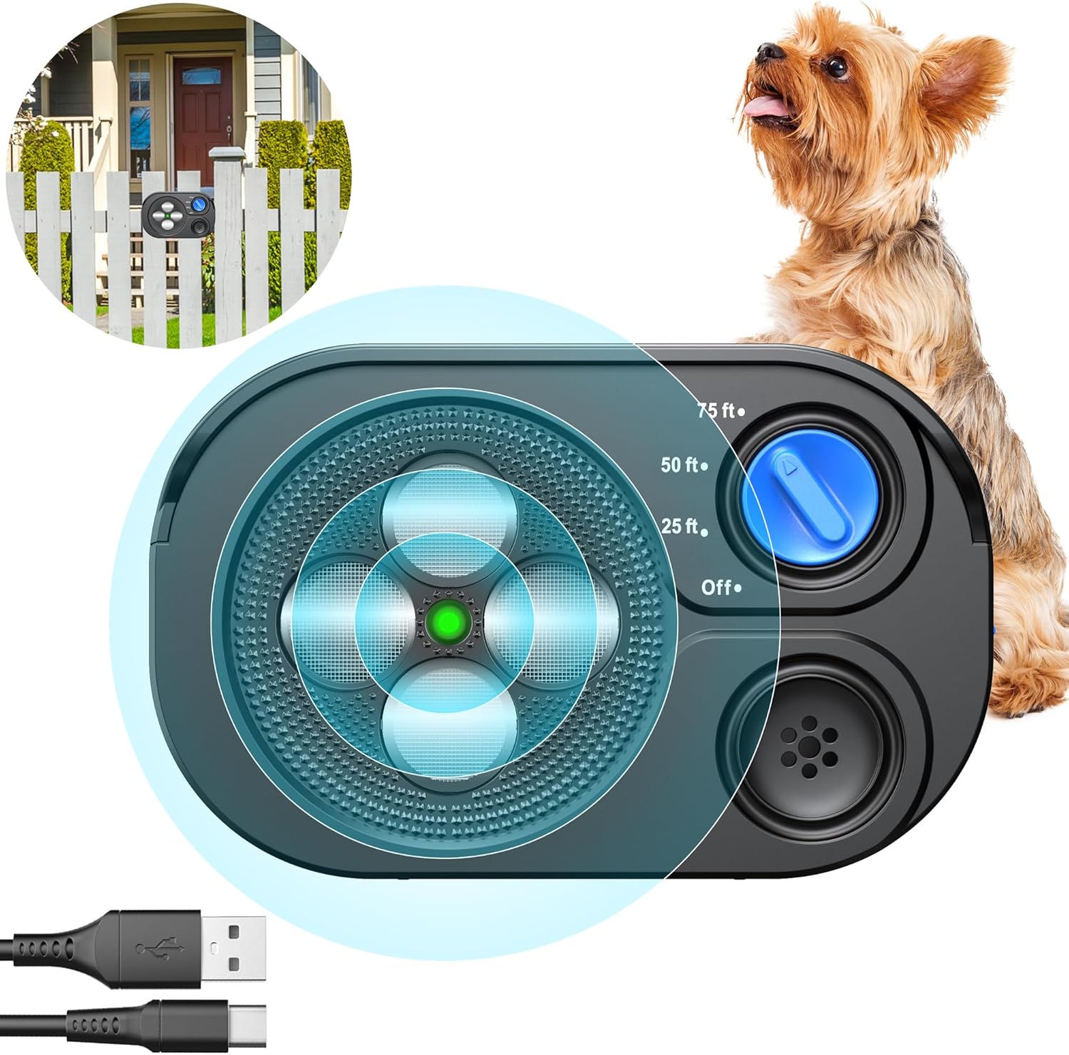 2024New Anti Barking Device, Bark Box Rechargeable Dog Barking Deterrent with Dual Frequency/6 Modes/IP65 Waterproof Multi-Ultrasonic Heads Stop Neighbors Dog from Barking Up to 75ft(Dark Black)
