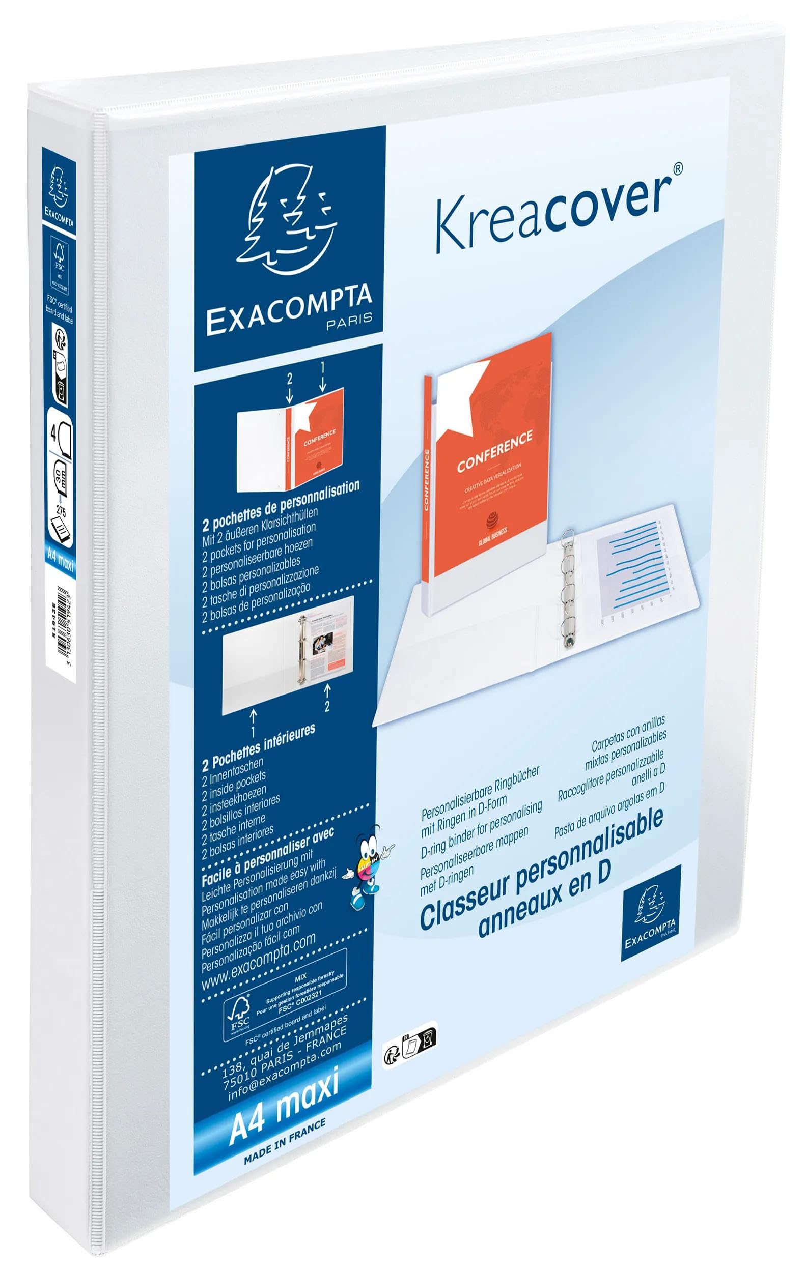 Exacompta - Réf. 51942E - Carton de 10 classeurs personnalisable 2 poches - 4 anneaux en D de 30 mm - Dos 47 mm - Dimensions extérieures : 32 x 27,7 cm - Format à classer A4 Maxi - Blanc