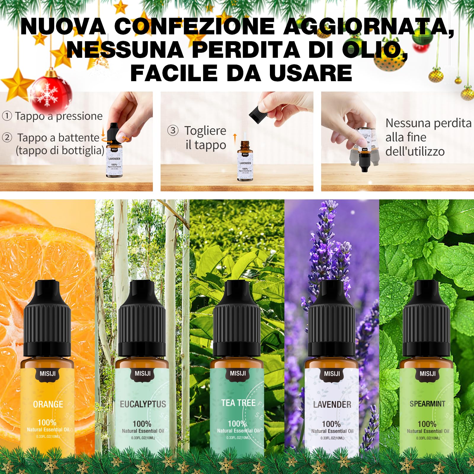 MISIJI Set di oli essenziali per diffusori,per la casa, lavanda, menta, tea tree, eucalipto, arancio, 5 X 10ML