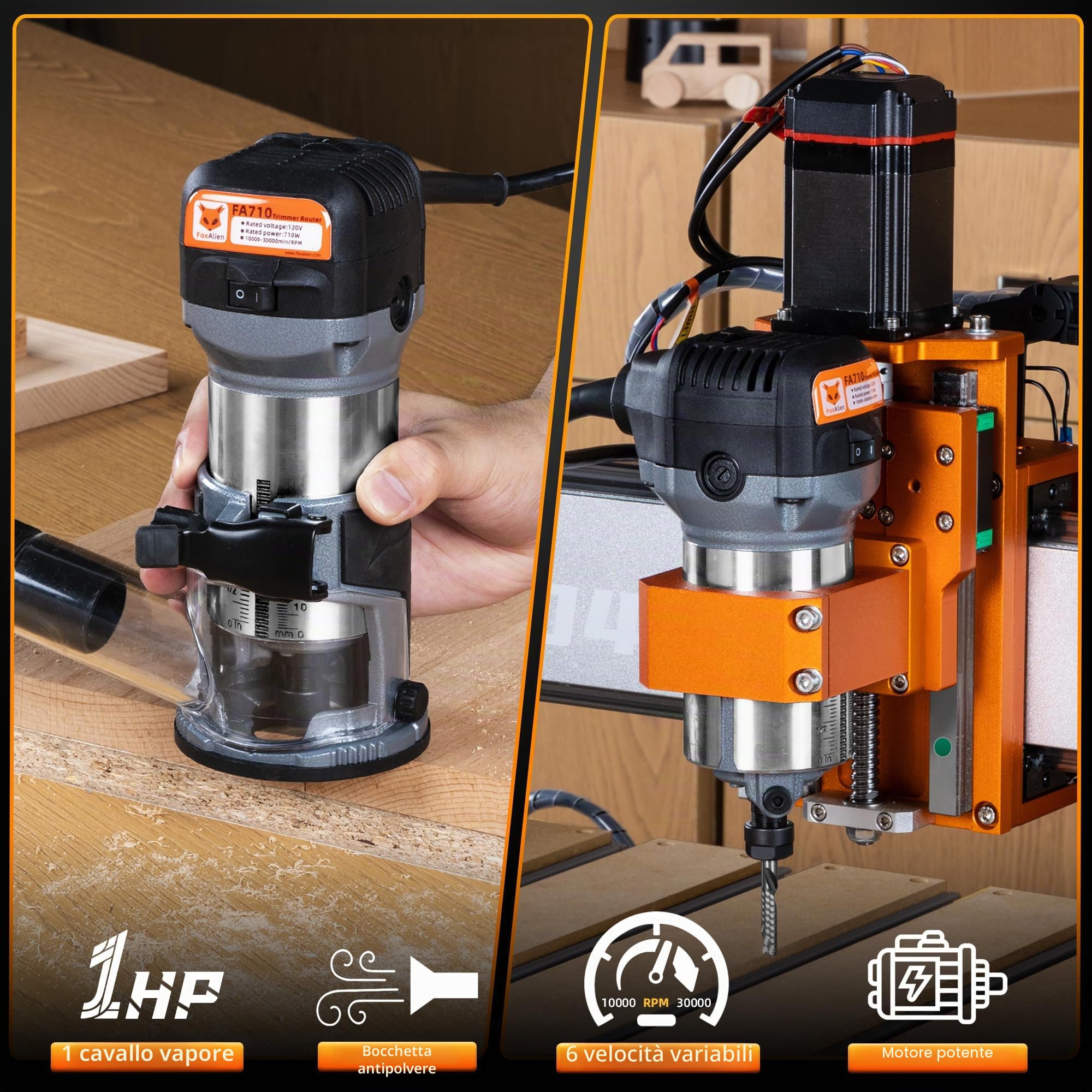 FoxAlien 1 HP 710 W 65 mm di diametro Compact Palm Router per fresatrice CNC, 6 velocità variabili Max 30000 R/MIN legno Trimmer con 1/4" Collect