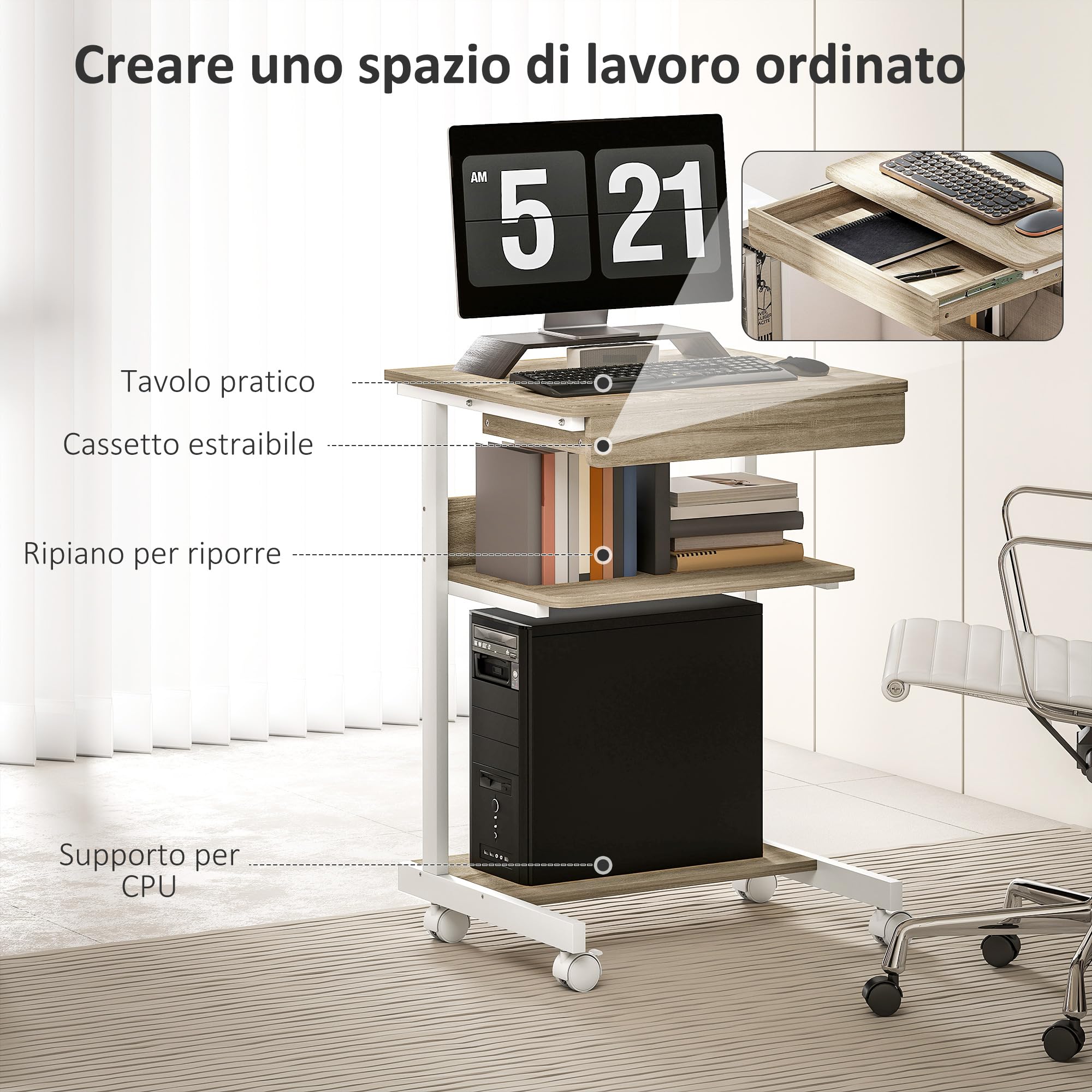 HOMCOM Scrivania Tavolo per Computer, Cassetto, 4 Rotelle, 56x51 cm, Rovere | Scrivania da Ufficio, 4 Rotelle, 2 Ripiani Aperti, Postazione di Lavoro con Supporto CPU, per Studio