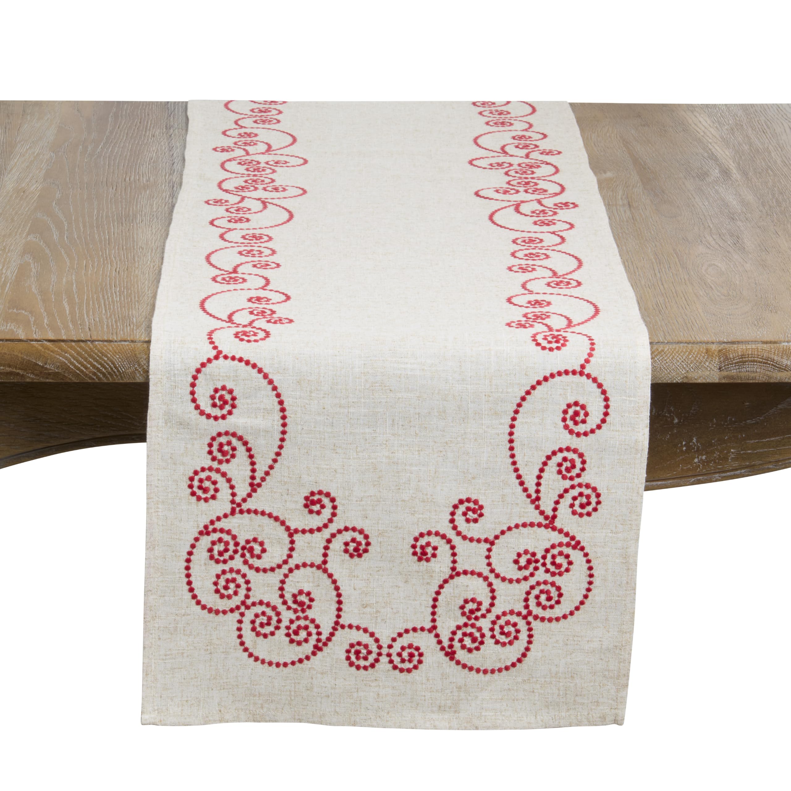 SARO LIFESTYLE Embroidered Scroll Table Runner - Linen Blend Table Runner for Farmhouse Dining Tables, Elegant Everyday Entertaining, Vintage Table Décor, and Classic Kitchen Styling, 16"x90", Red