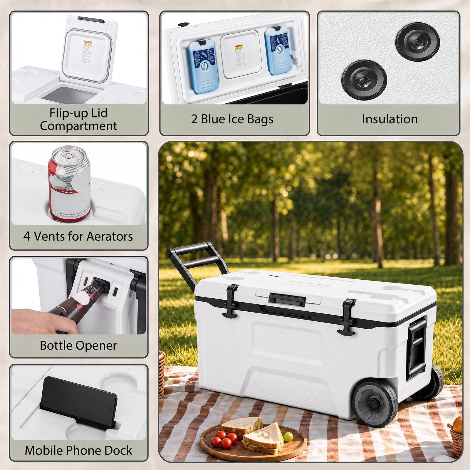 LIFEZEAL Glacière 50/70 L Isotherme, Boîte Réfrigérante Grande Capacité | Maintient Froid 151H et Chaleur 32H, Siège d'Appoint, Porte-Gobelets, Décapsuleur, Règle de Pêche, pour Pique-Nique Camping