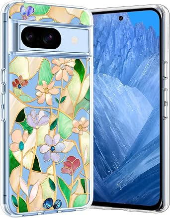 Unov for Pixel 8a Case, Clear with Design, Slim Fit Good Grip, Embossed Phone Case, Shockproof Protective Cover, Raised Camera Protection, Soft TPU, Stained Glass Flower