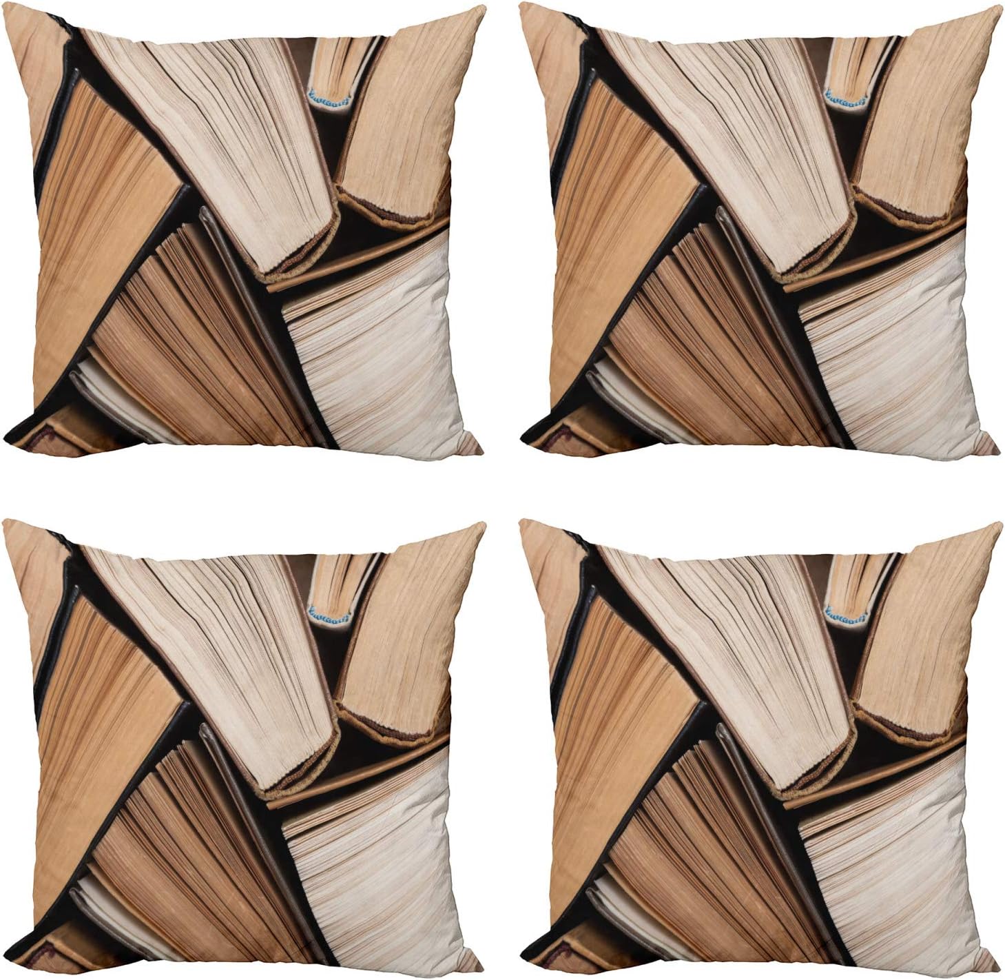 Ambesonne Abstract Throw Pillow Cushion Case Pack of 4, Pile of Old Books Research Reading Library Education Literature Theme Picture, Modern Accent Double-Sided Digital Printing, 20", Brown Beige