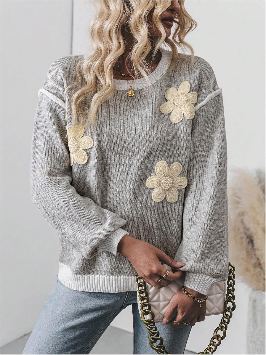 Floerns Women's 3D Floral Long Sleeve Knitted Pullover Top Loose Fit Crew Neck Sweater - Image 4