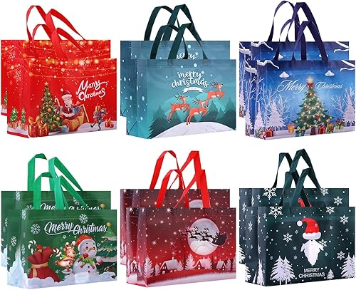 LinQuick 12 bolsas de regalo de Navidad en 6 estilos, tamaño mediano, bolsas reutilizables con asa, bolsas de Navidad no tejidas para regalos de