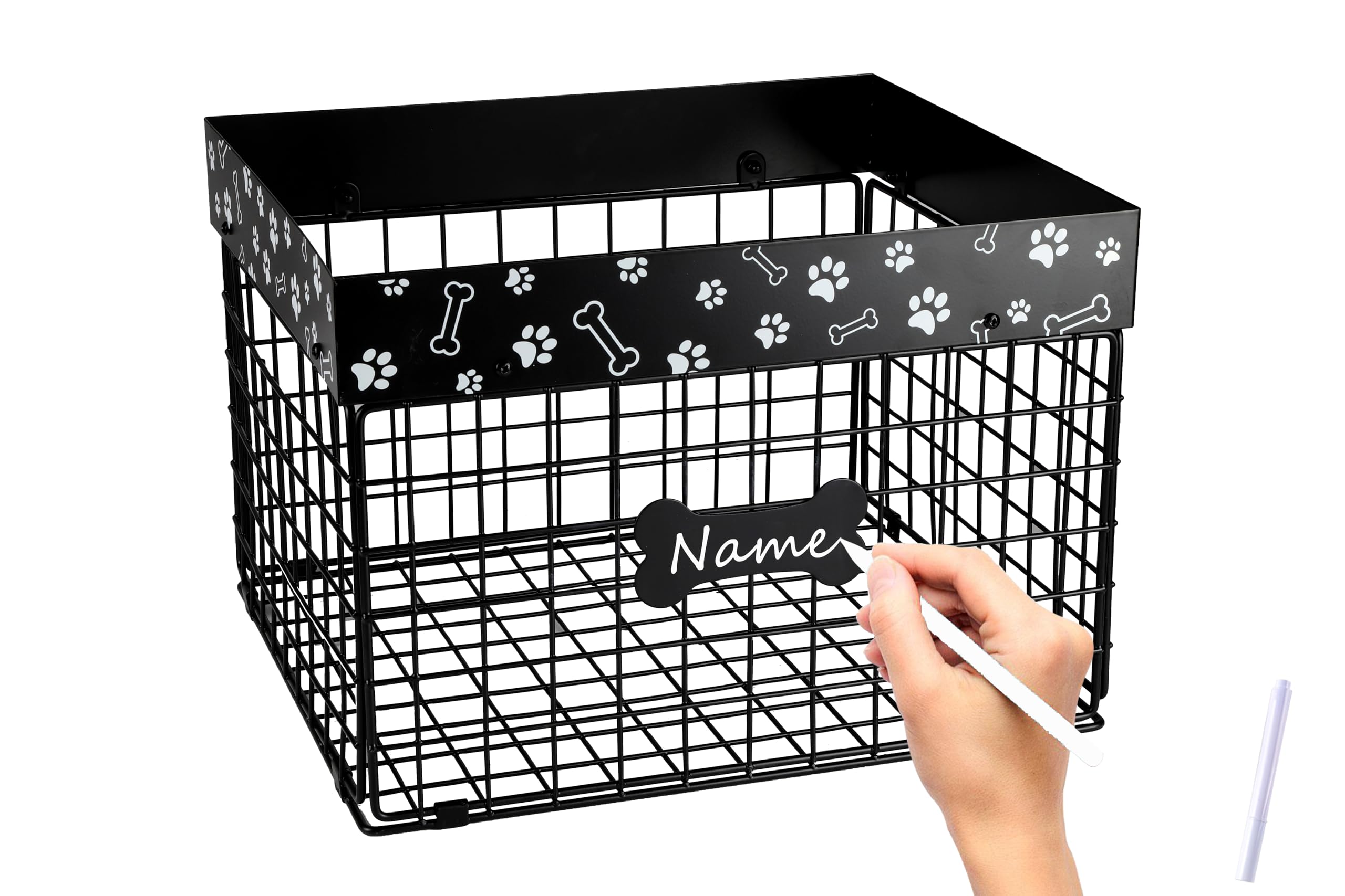Geyecete Large Dog Toy Organizer - Wire Folding Basket - Chew-Proof - Personalizable - Black