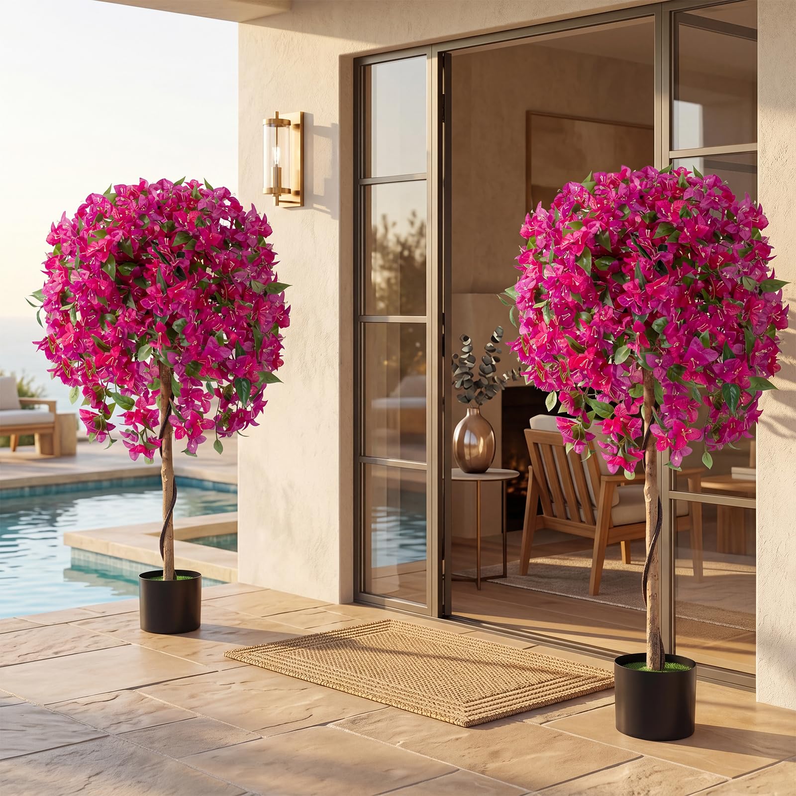 LIFEZEAL Set di 2 alberi artificiali bouganville 130 cm, pianta finta in vaso con fiori vivi, fogliame realistico, rami regolabili, base cemento stabile, decorazione per interni ed esterni, balcone