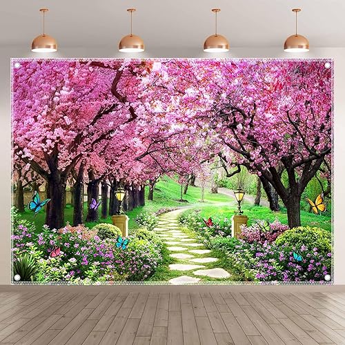 Miniatura 2 de YCUCUEI Telón de fondo de fotografía de paisaje de primavera de 8 x 6 pies, flores de jardín, árbol, camino, paisaje, mujeres, niños, decoración de