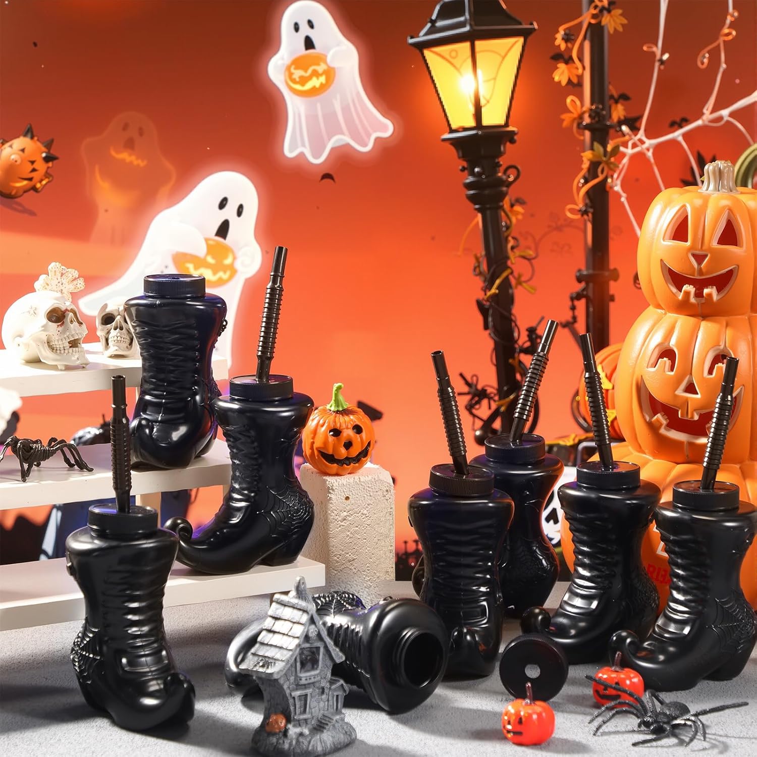 Hoolerry 24 Pack Halloween Witch Shoes Cup with Straw and Lids Witch Party Favors 10 oz Reusable Plastic Black Boots Cups for Birthday Halloween Themed Party Supplies Decoration Gifts