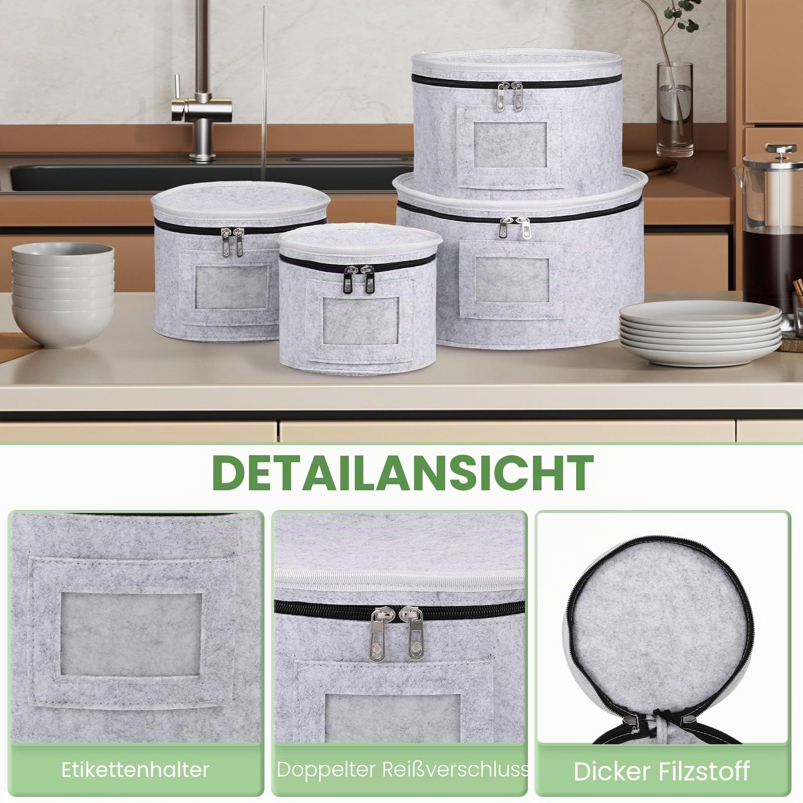 Filzteller-Aufbewahrung, 21,2 cm, 21,6 cm, 25,4 cm, 25,4 cm, 30,5 cm, Campervan-Schüsseln, Taschen, Camping, mit Deckel, Geschirr-Organizer mit 48 Protektoren, Trennwand, staubdicht, für Carvan