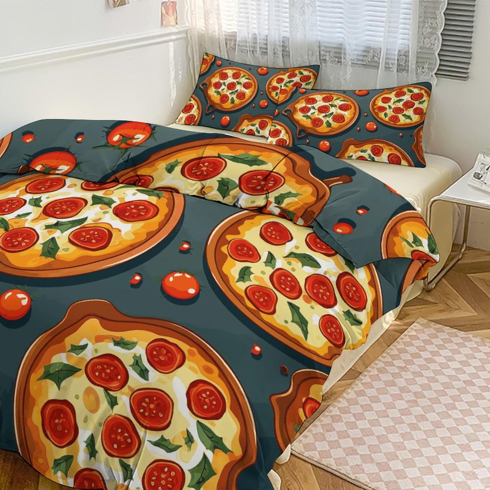 Parure de lit motif pizza couette king size 259x228 cm avec taies