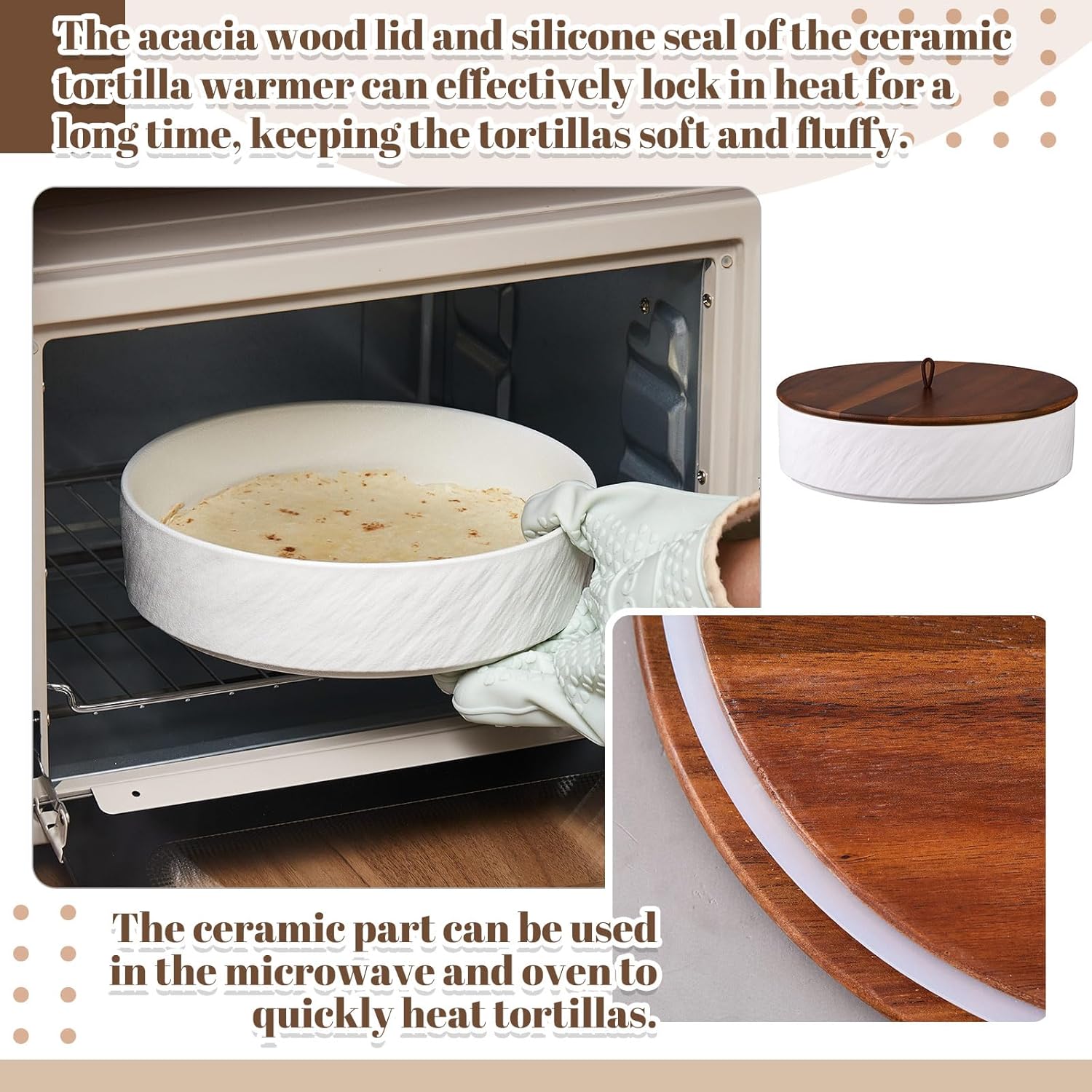 Ceramic Tortilla Warmer with Lid, 9 Inch Tortilla Holder, Premium Acacia Wood Lid, Insulated Bread Pancake Warmer Keeper Pancake Waffle Food Container for Picnic Rv Lunch Trip Kitchen