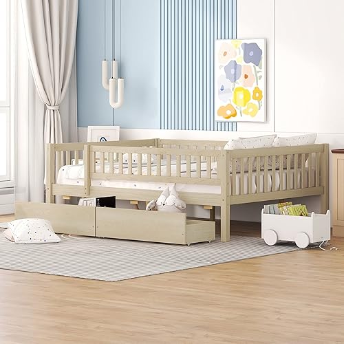 Cama de tamaño matrimonial para niños con rieles y 2 cajones, plataforma de baja altura, cama de madera con valla para niños y niñas, junior, natural