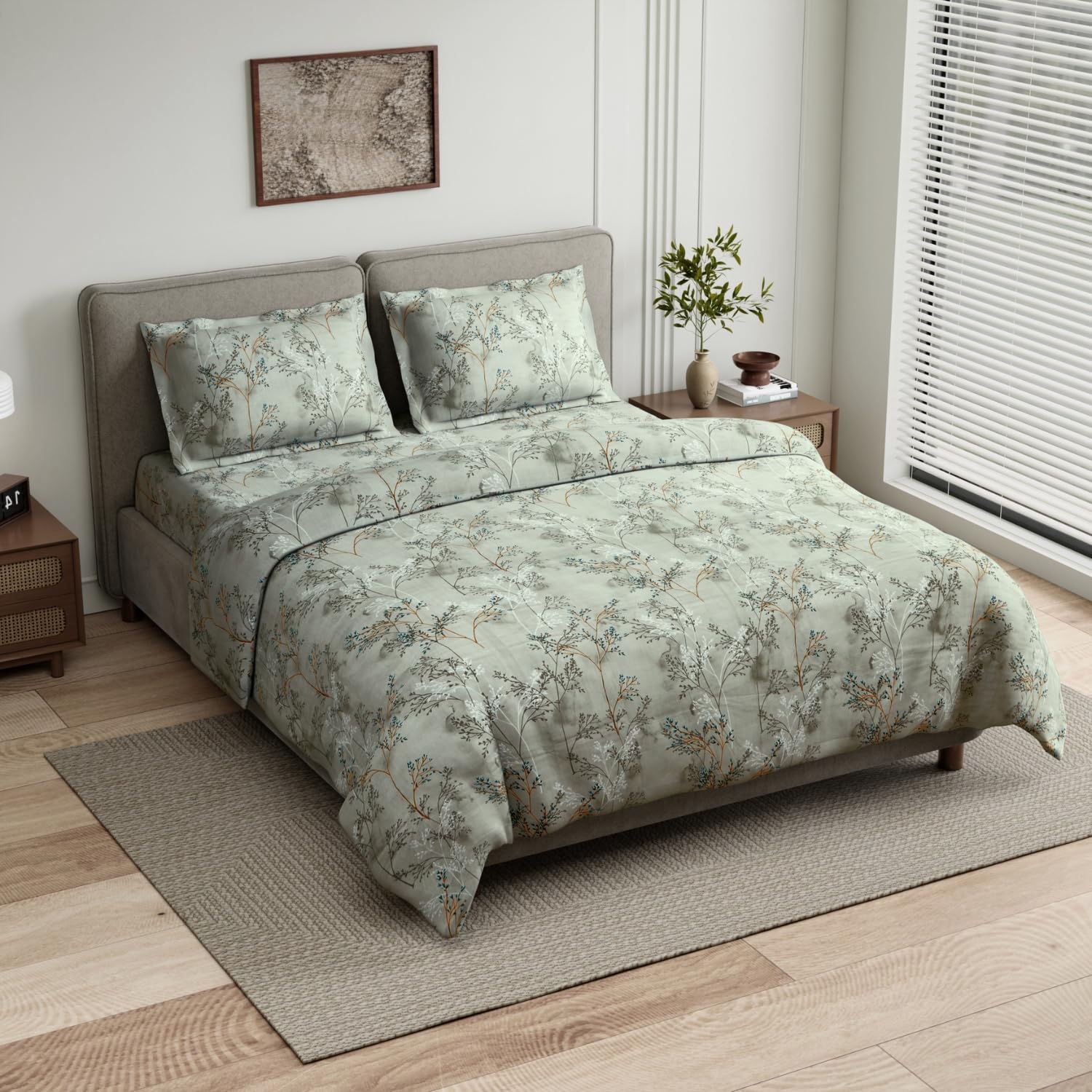 Haus & kinder Double Bedsheet for Queen Size Bed | 90 x 100 Inches 144 TC Cotton Bedsheet for Double Bed with 2 Pillow Covers - Serene Branch Blue