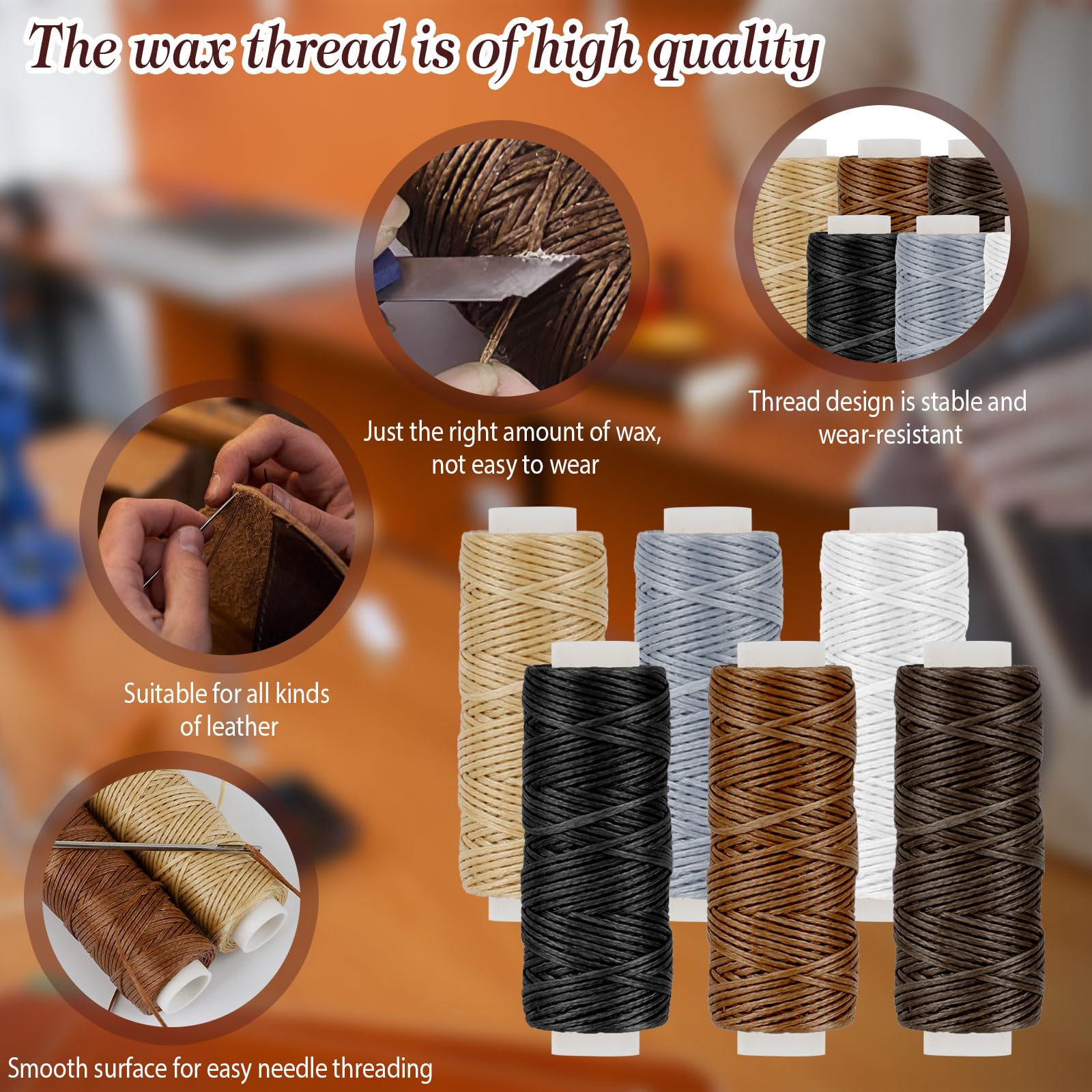 21Pcs Kit de Costura de Cuero, Kit de Artesanía Cuero con Aguja de Coser de Cuero, 7 Rollos de Hilo Encerado de Cuero, Anilla de latón, Bobina y Gancho, Juego de Costura para Cuero para Bricolaje