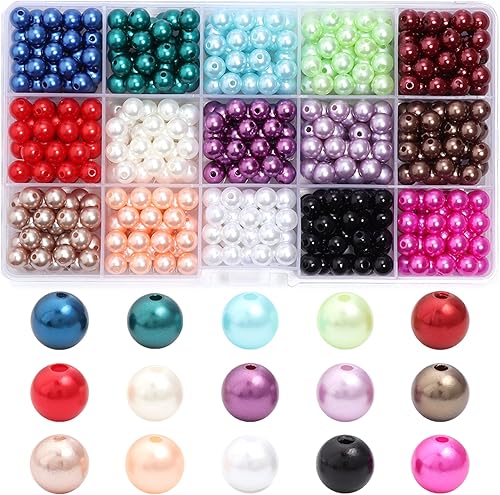 600 cuentas de perlas de imitación brillantes de satén para mujeres y niñas, paquete de 15 colores surtidos de perlas redondas de 0.315 pulgadas
