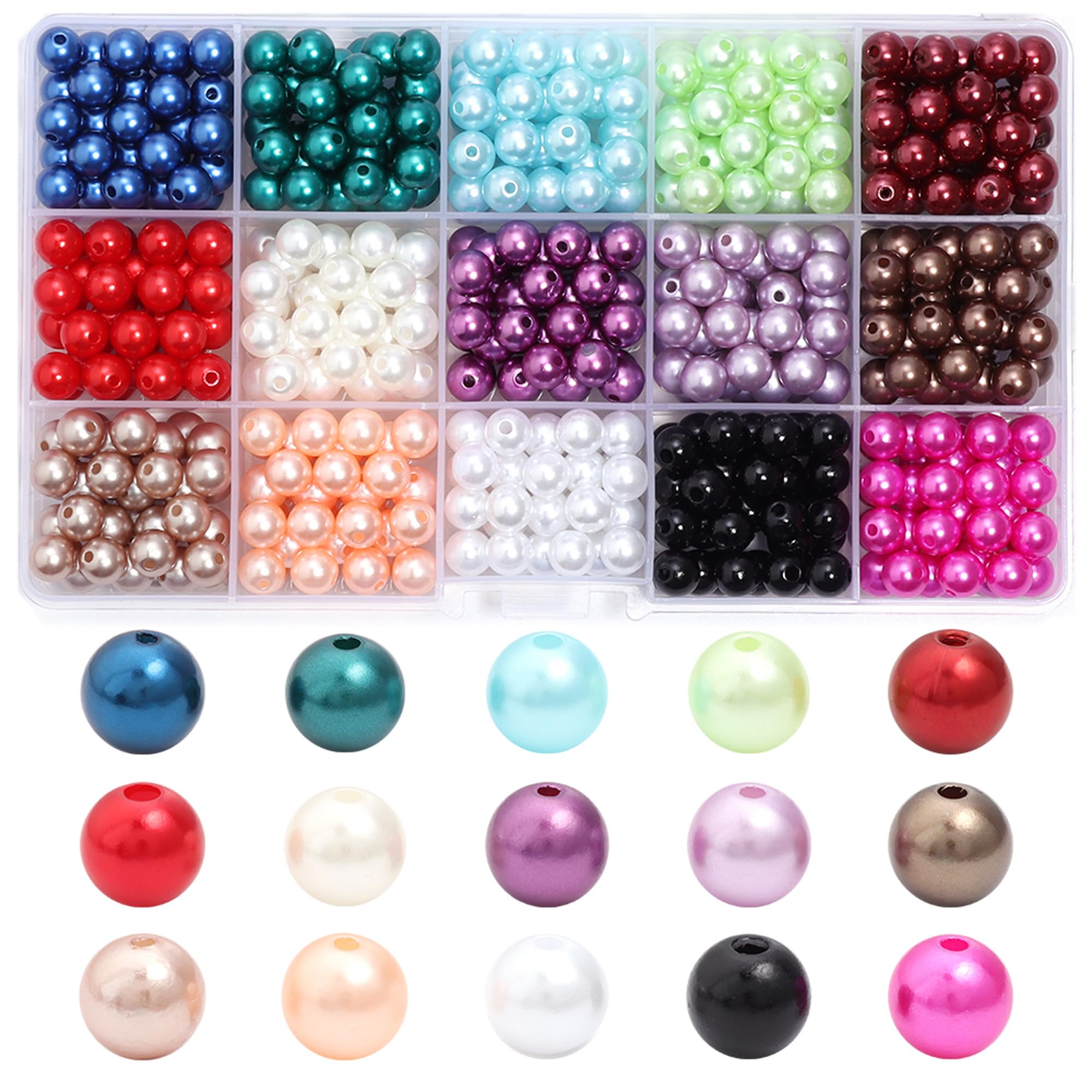 600PCS Pearl Beads 8mm Loose Pearls for Jewelry Making Pearls Beads with Holes for Crafts Bracelet Necklace Making 15 Colors Mixed 1 Box