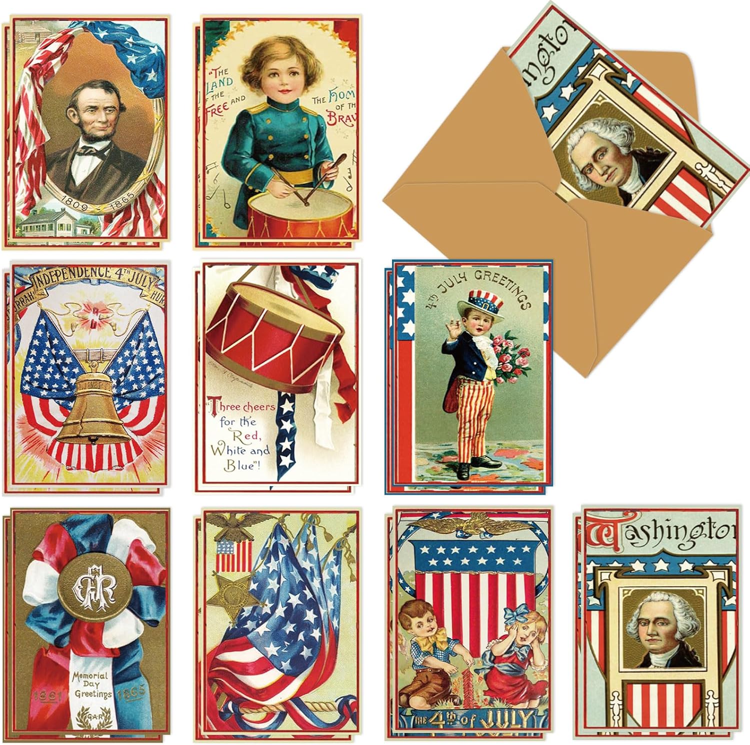Whaline 36Pcs Retro Patriotic Greeting Cards 4th of July Vintage Note Card with Envelops and Adhesive Stickers for Independence Day Party Favors Classroom Home Office Supplies, 9 Designs