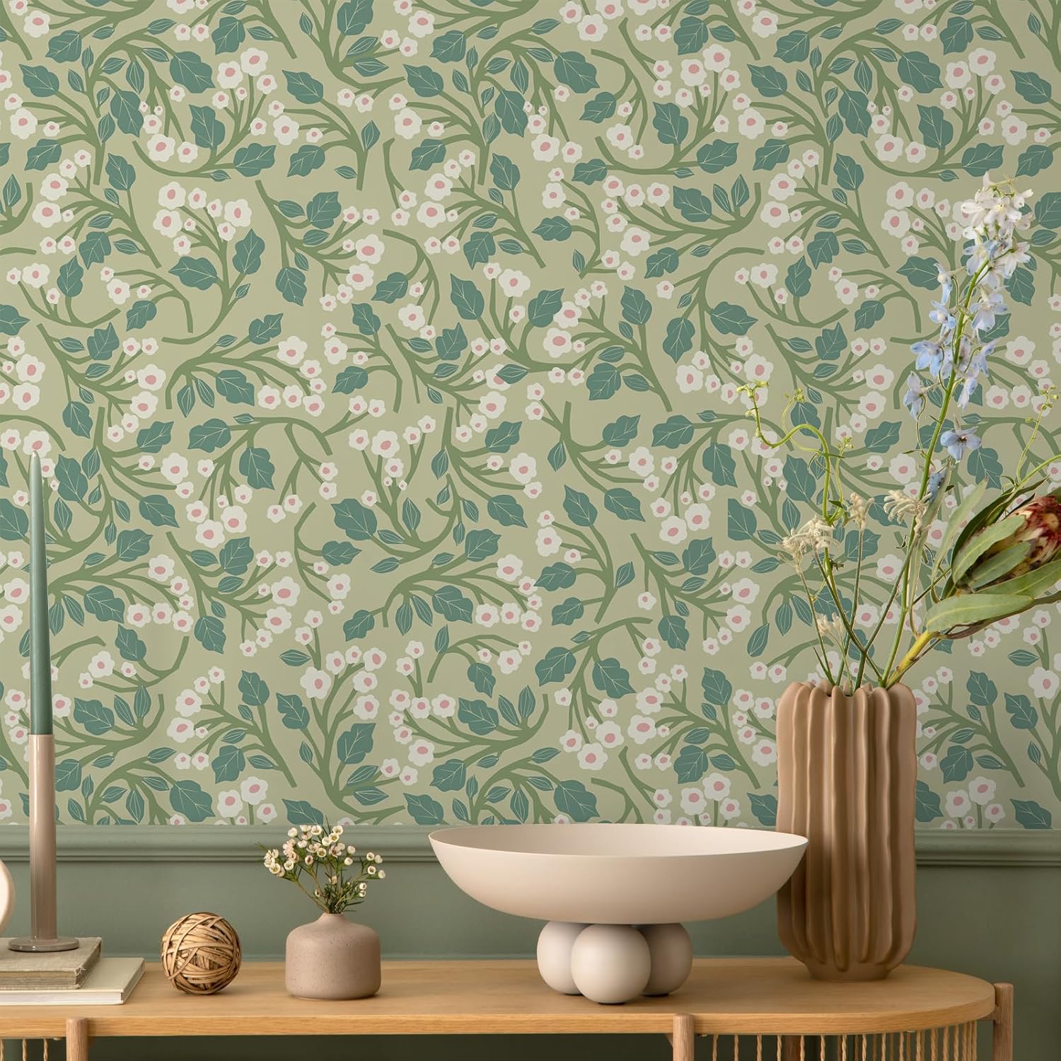 VEELIKE Green Tiny Floral Wallpaper Vintage Floral Peel and Stick Wallpaper for Bedroom Nursery 17.7''x354'' Removable Self Adhesive Botanical Wall Paper Green Contact Paper for Cabinets Walls Shelf
