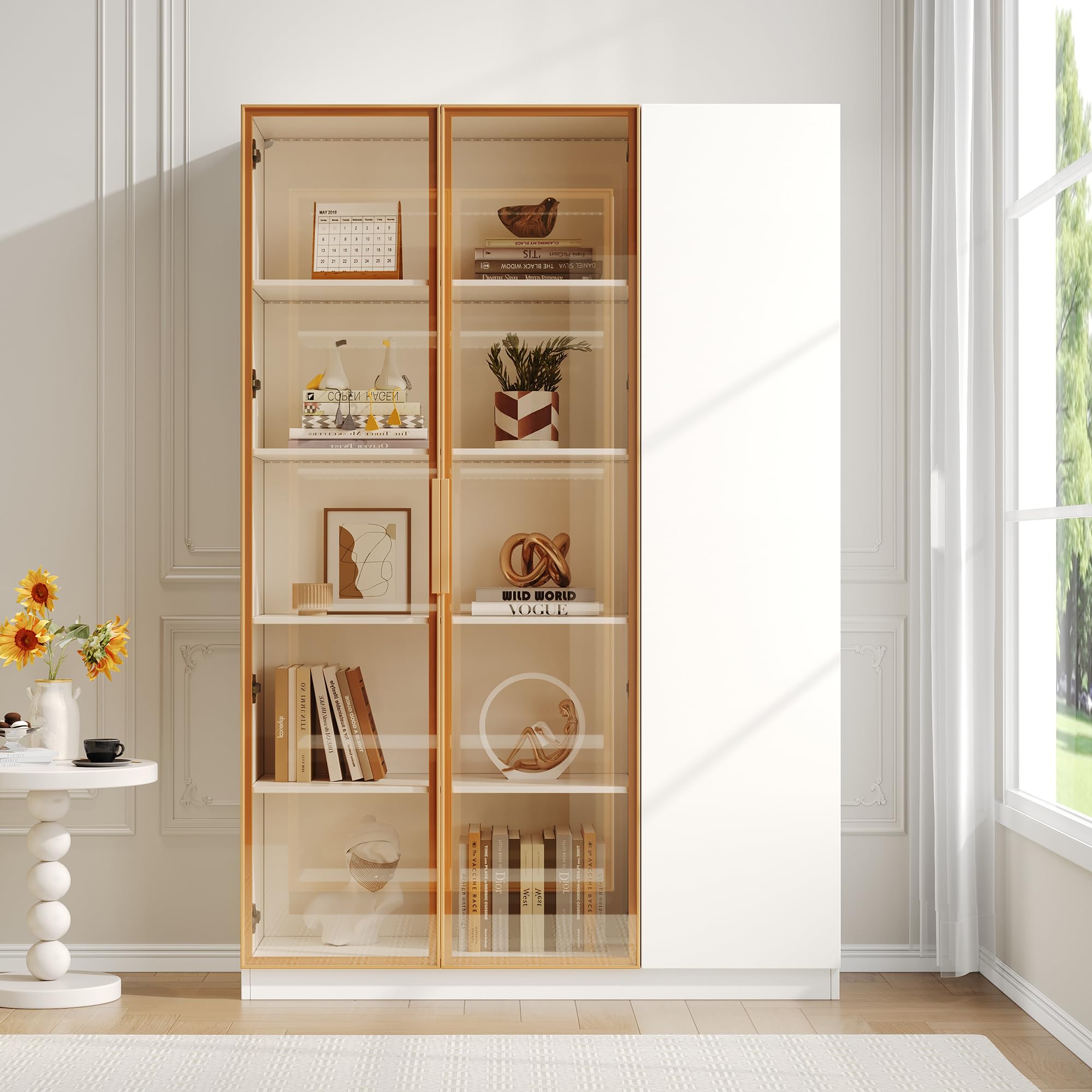 Vitrina de cristal de 165 cm, armario alto, 3 puertas con iluminación LED, multicolor, ajustable, con cristal de seguridad, estantes ajustables y protección antivuelco