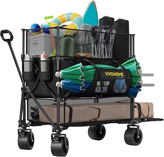 VIVOHOME 500L Large Capacity Double Decker Collapsible Wagon 500lbs Heavy Duty Utility Folding Cart with Big Wheels 53" Extended for Camping, Sports
