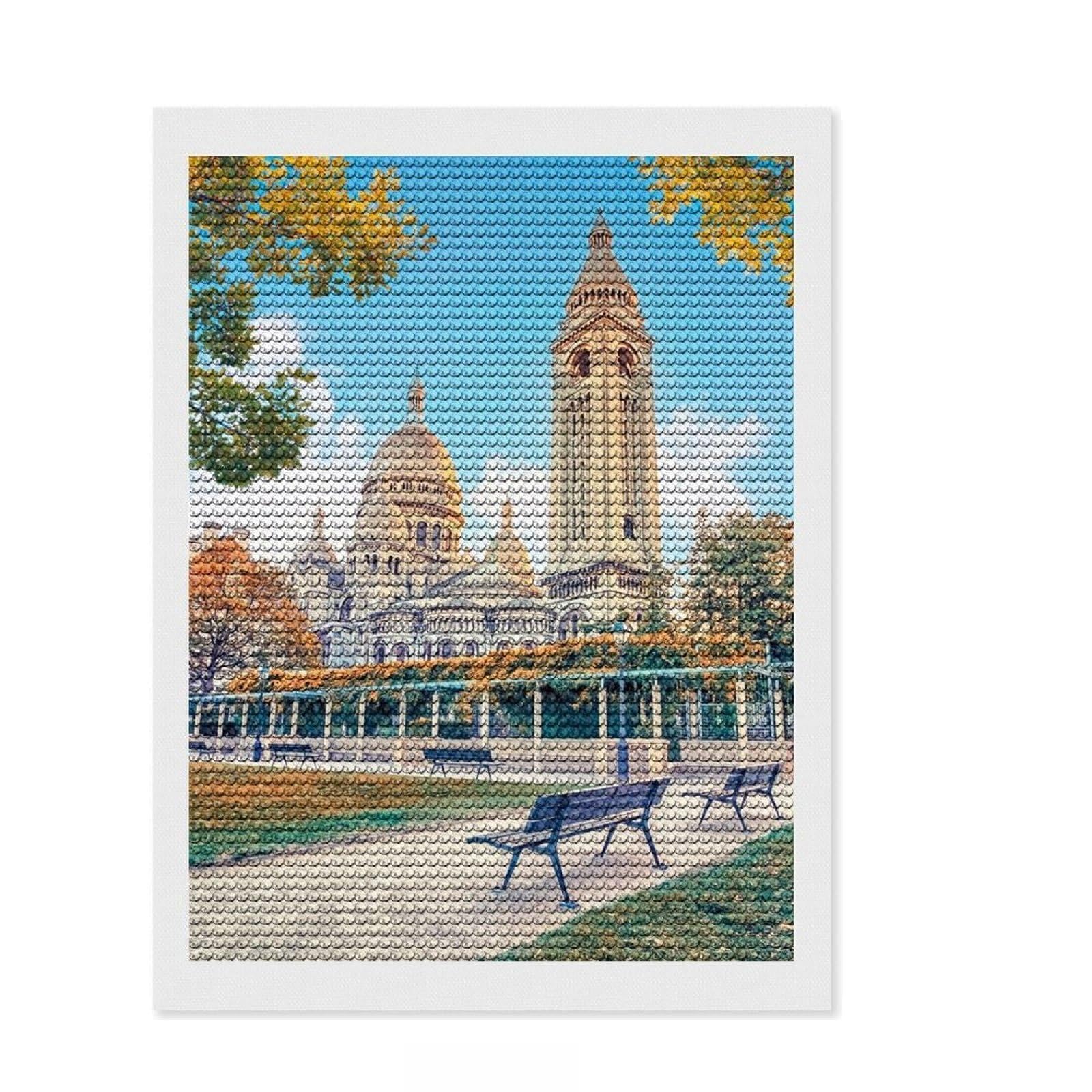 Junmoney Park in Montmartre Diamond Art Kit 12"x16", for Craft Lovers, Sparkling Round Gems, Gift Idea, Living Room Decor, Decorate Your Room