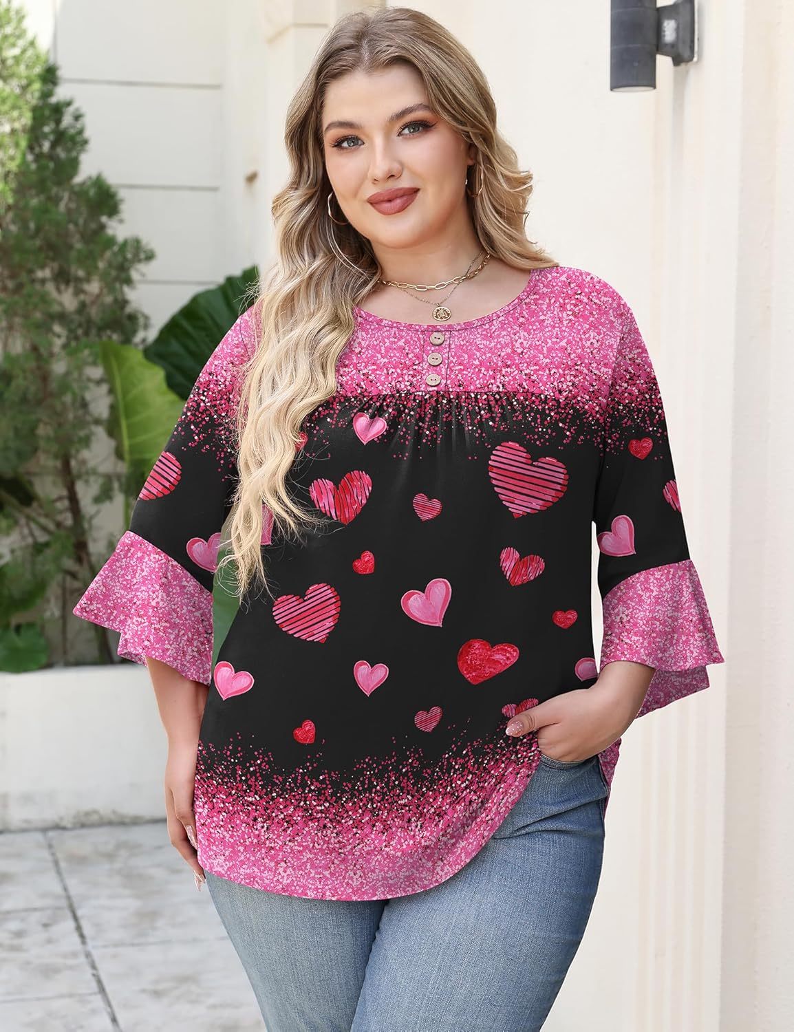 Rapbin Plus Size Tops for Women 3/4 Ruffle Sleeve Crew Neck Button Down Pleated Blouses Casual Fashion Tunic (1X-5X) - Image 5