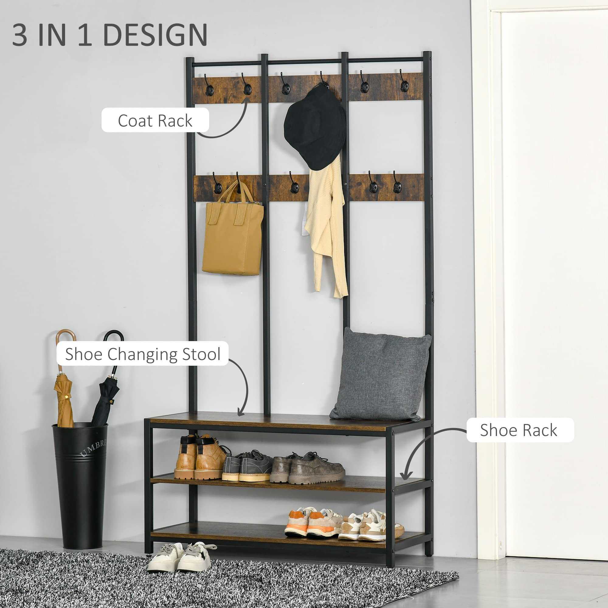 HOMCOM Ständer 100cm x 38.5cm x 185.5cm Rustikal Braun/Schwarz | Freistehender Flurgarderobe, Mantel mit Haken, Bank und Schuhregal, Industriestil