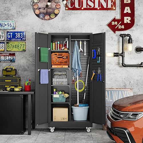 Miniatura 98 de Armario de almacenamiento de garaje con ruedas, gabinete de herramientas de metal de 35.43 pulgadas de alto con tablero de clavijas y 4 ganchos
