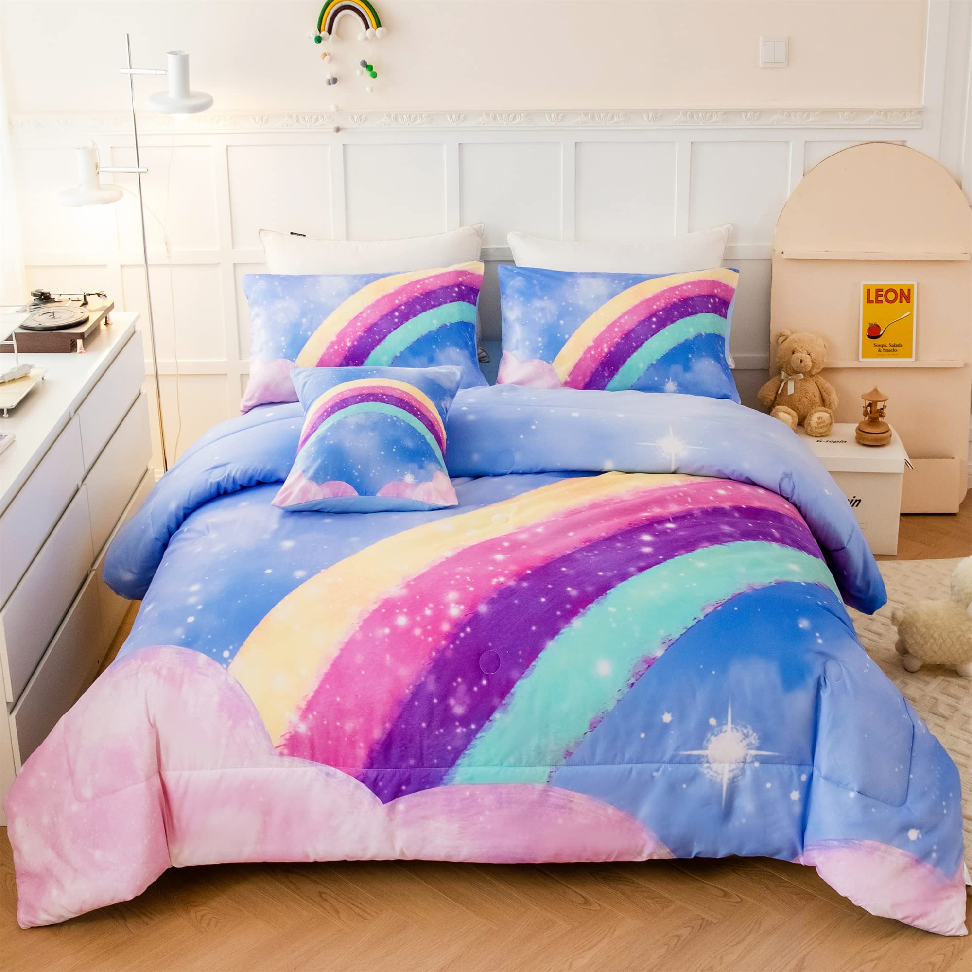 ANGIYUINAqua Blue Full Size Kids Comforter Sets for Girls, 6Pcs Colorful Rainbow Gradient Bedding Set, 3D Glitter Galaxy Bed in A Bag with Comforter, Sheets and Pillowcases for Teens
