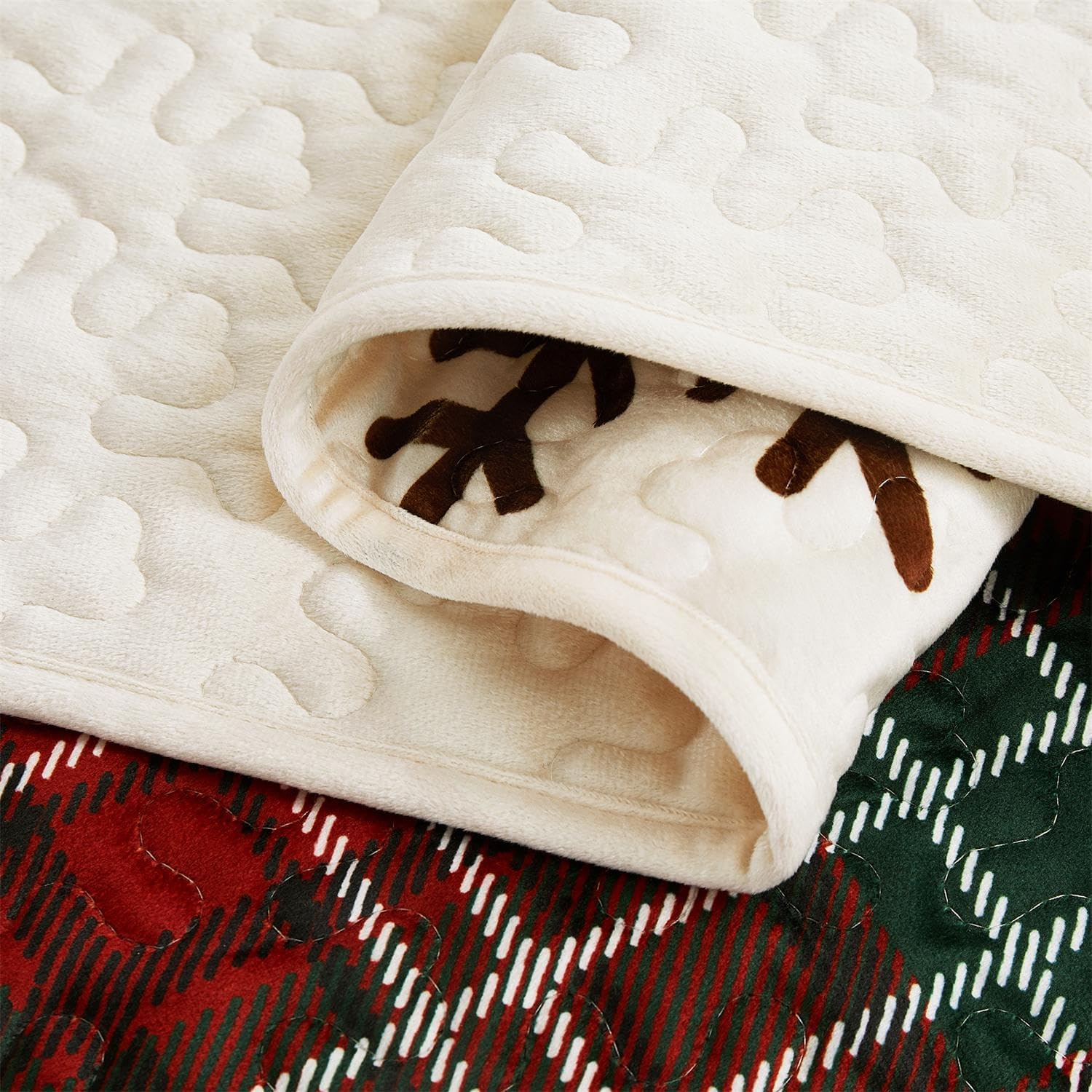 Cmfshape Velvet Christmas Quilt Queen Size-Cream Bedspread Comforter with Christmas Checkered Tree Pattern-Soft Lightweight Coverlet & Bedding Set-92"x96"