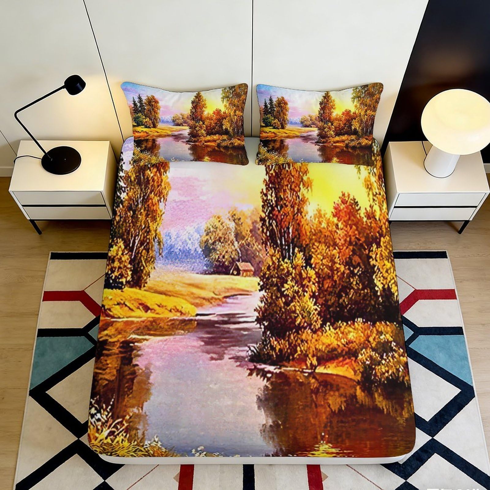3D Printed Autumn Landscape Fitted Sheet Microfiber Deep Pocket Non-Slip Bedroom Bedding Autumn Scenery Mattress Fitted Cover Soft Elastic Washable for Adults Teens 140x200x25cm