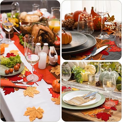 Miniatura 5 de Tudomro Juego de 12 manteles individuales y posavasos de hojas de arce de Acción de Gracias de 11 x 17 pulgadas, manteles individuales bordados