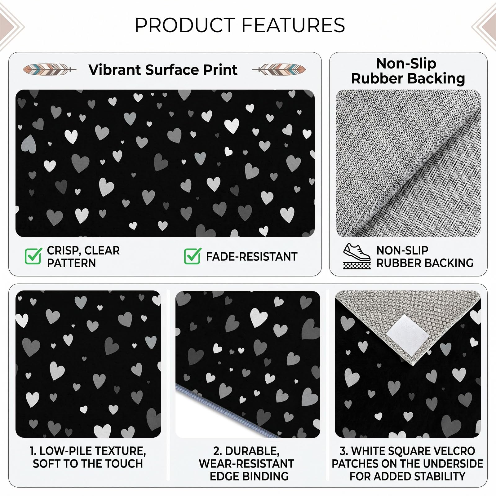 Tapis de Salon 140 x 200 cm Cœur Points Tapis de Chambre, Doux et Antidérapant Romantique Abstrait Lavable en Machine Paillasson pour Salon Cuisine Couloir et Décoration Maison