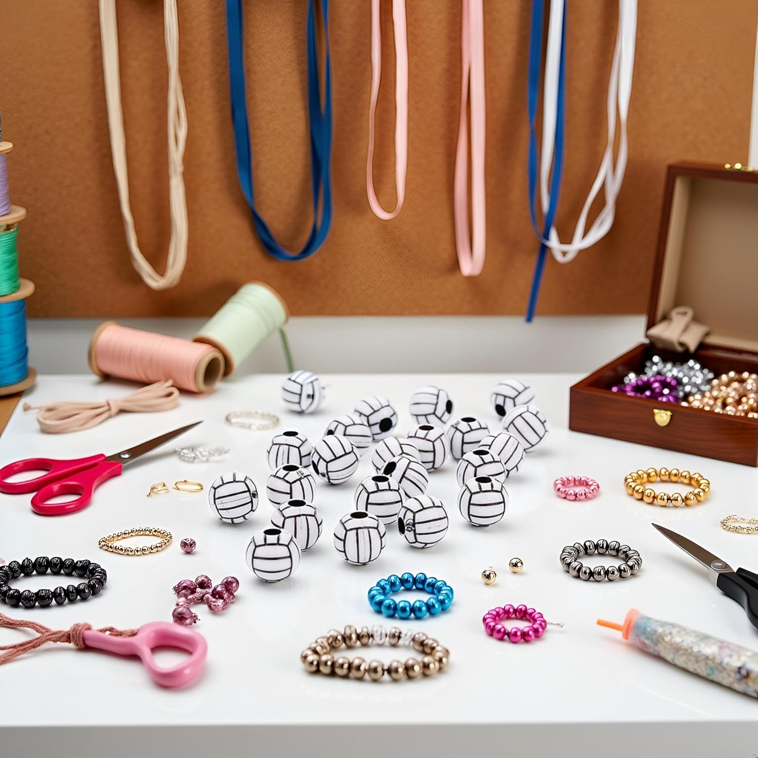 50Pcs 15mm Silicone Volleyball Beads - Big Hole Spacer Beads for Jewelry Making, DIY Necklace/Bracelet/Pendant Craft Supplies, Heart Shape Sewing Craft Bead with Round Loose beads Kit - Image 5