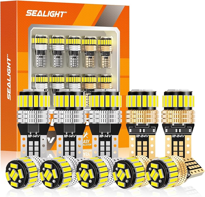Lâmpadas LED automotivas SEALIGHT 194 T10 2825 W5W brancas 6500 K para iluminação interna e placa – 10 unidades