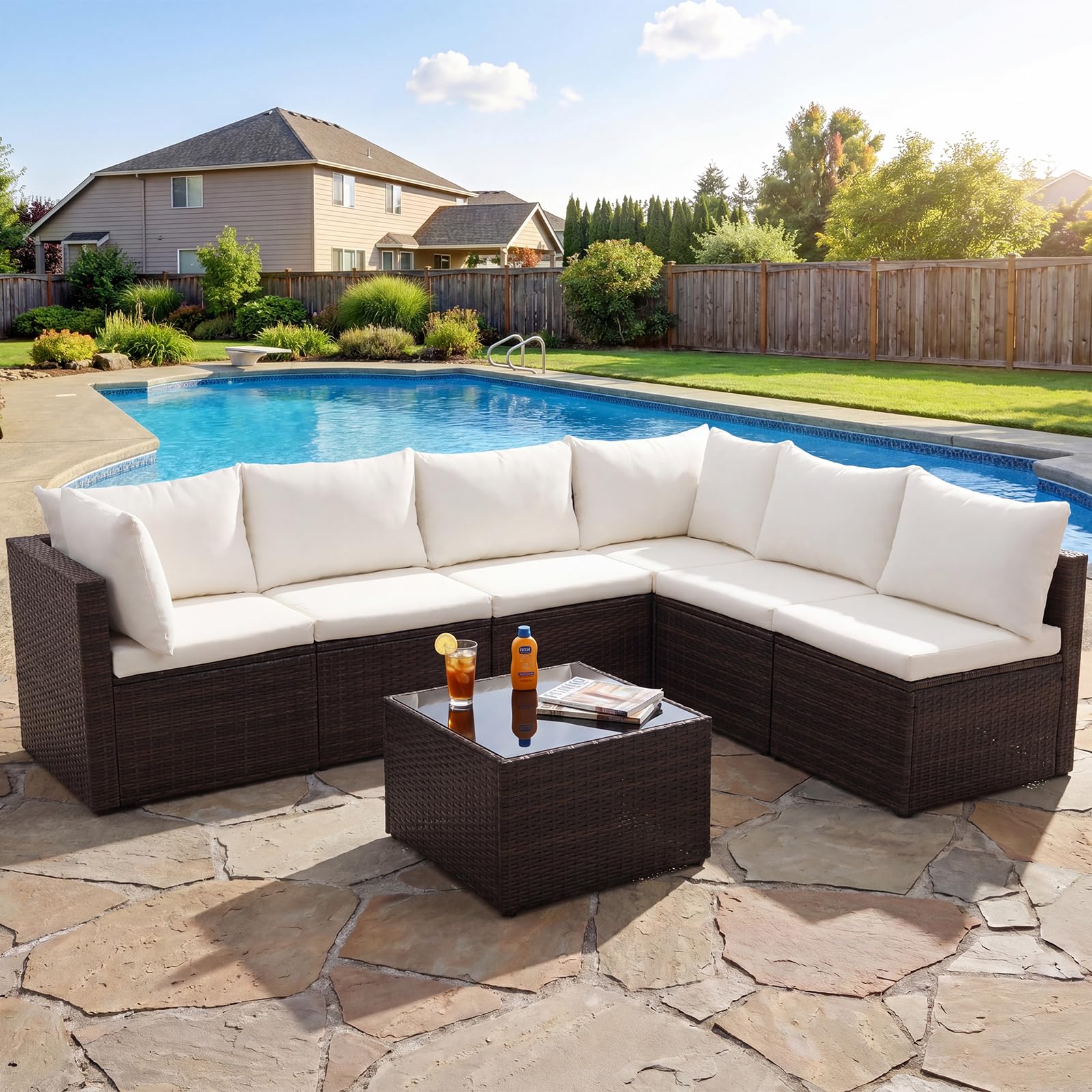 Photo 1 of ** MISSING PARTS 
Sweetcrispy 7-Piece Outdoor Patio Sectional Sofa, Modular PE Wicker Outdoor Sectional with Thick Cushions, Rattan Patio Sofa Set with Coffee Table for Backyard, Poolside, Garden, Deck, Brown