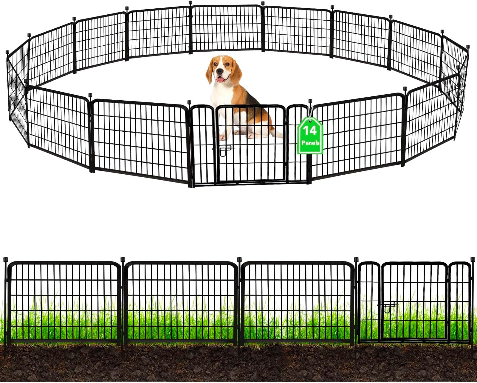 ADAVIN 24 in(H) Garden Fence with Gate, 14 Panels Heavy Duty Iron Metal Animal Barrier Fence, Camping Fence, Garden Fences and Borders for Dogs,Total 34.5 Ft(L), Black