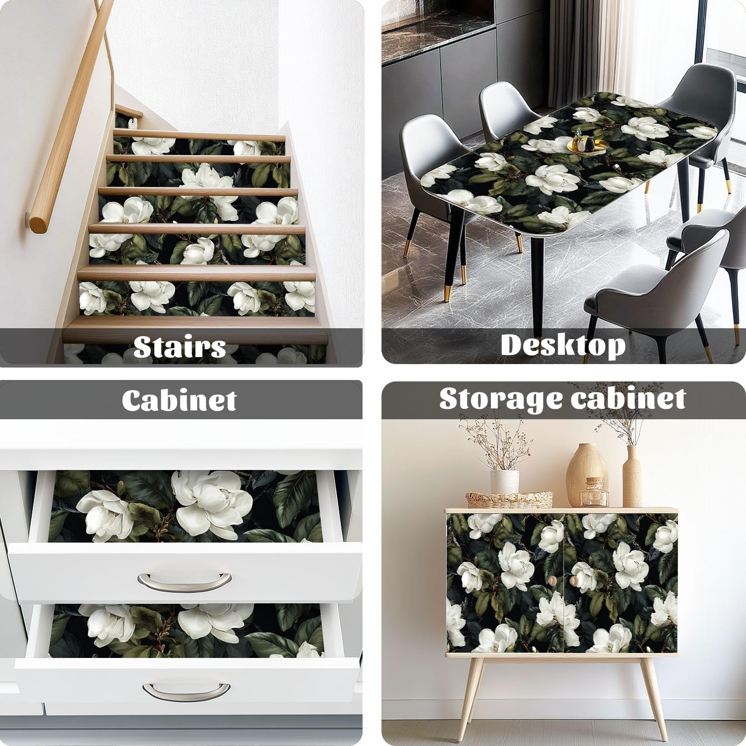Rivestimento per mensole e armadietti, elegante bianco magnolia fiori verde scuro foglie nere autoadesivo per cassetti 45 cm x 3 m carta da parati per mobili da cucina