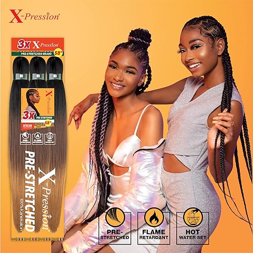 Miniatura 6 de Sensationnel X-Pression - Extensiones de cabello trenzado prestirado, 3unidades, 58pulgadas, trenzas de cabello sintético ignífugo kanekalon,