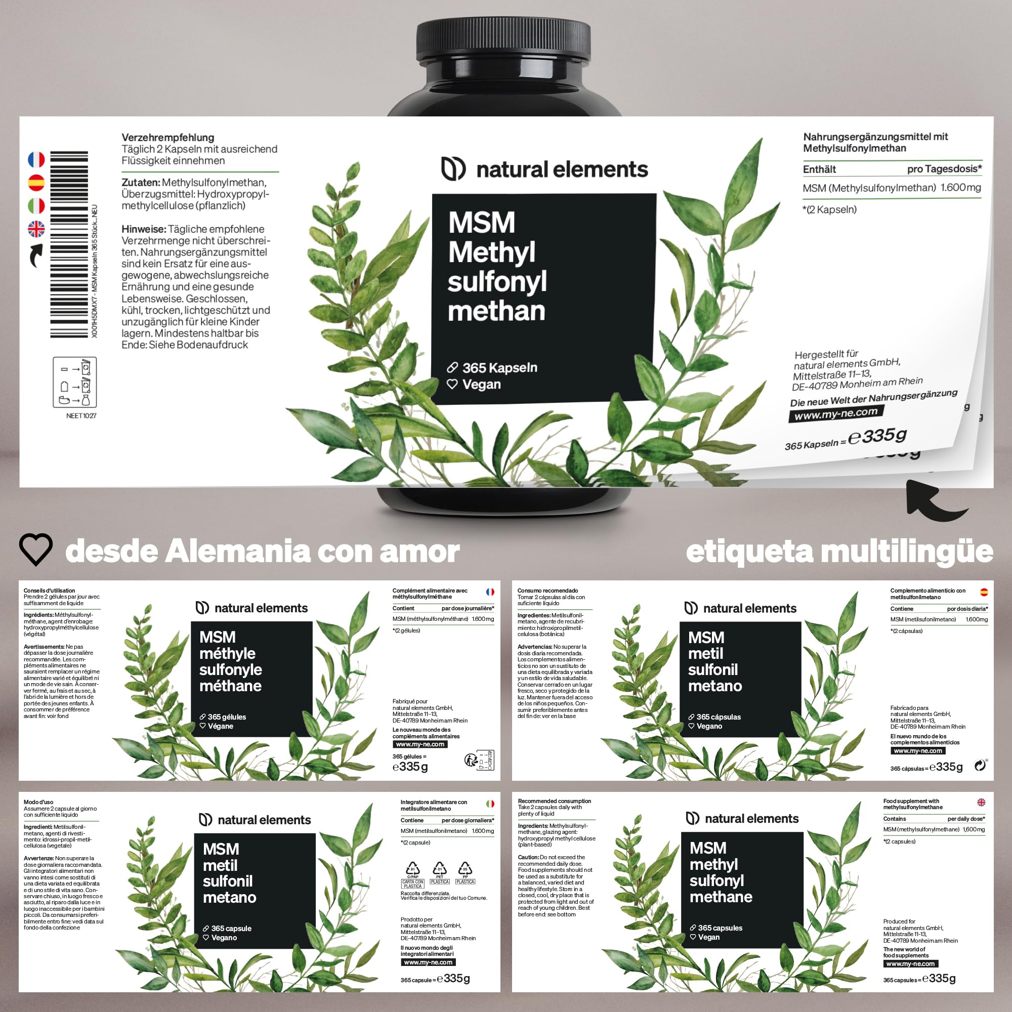 MSM 365 Cápsulas - 1600mg de Metilsulfonilmetano - Azufre orgánico 99,9% puro - Altamente biodisponible para 6 meses - Probado en laboratorio, vegano y sin aditivos