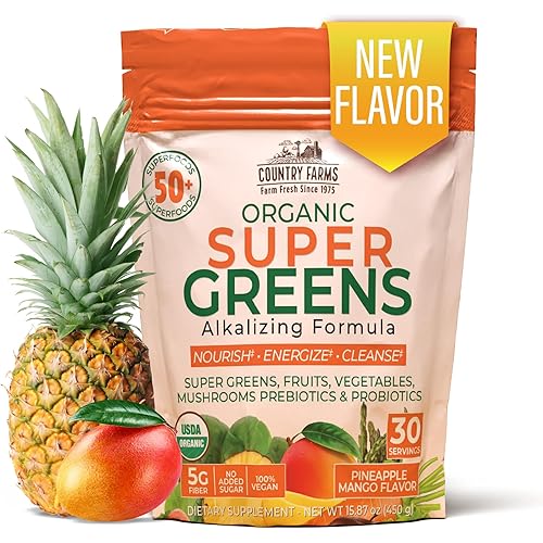 COUNTRY FARMS Super Greens Pineapple-Mango Flavor, 50 Organic Super Foods, USDA Organic Drink Mix (Wheat Grass, Spirulina, Chlorella) Mushrooms & Probiotics, with Fiber, Natural Energy, 30 Servings