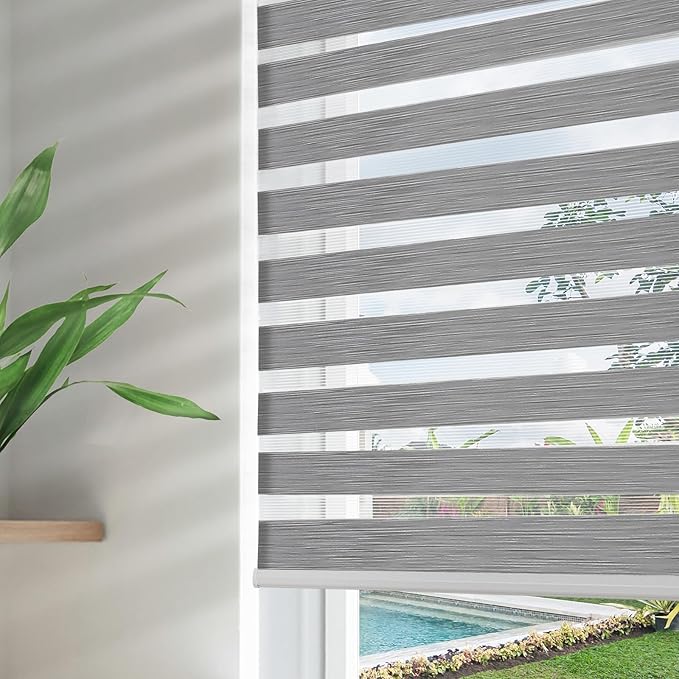 Joydeco Cordless Zebra Blinds for Windows, Dual Layer Free-Stop Zebra Shades Privacy Light Control for Day and Night, Light Filtering Sheer Blinds for Indoor Windows, Kitchen (Grey, 45" W x 75" H)