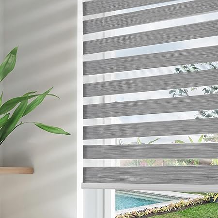 Joydeco Cordless Zebra Blinds for Windows, Dual Layer Free-Stop Zebra Shades Privacy Light Control for Day and Night, Light Filtering Sheer Blinds for Indoor Windows, Kitchen (Grey, 45" W x 75" H)