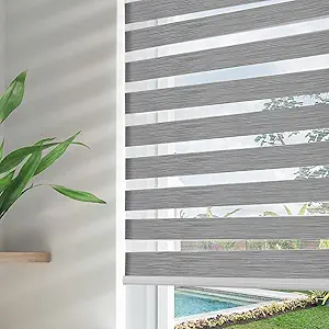 Joydeco Cordless Zebra Blinds for Windows, Dual Layer Free-Stop Zebra Shades Privacy Light Control for Day and Night, Light Filtering Sheer Blinds for Indoor Windows, Kitchen (Grey, 45" W x 75" H)