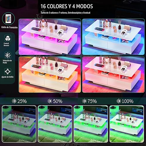 Miniatura 3 de YITAHOME Mesas de Centro LED para Sala de Estar, Mesa de Centro de Alto Brillo con Almacenamiento de 4 Cajones Deslizantes, Mesa de Centro LED